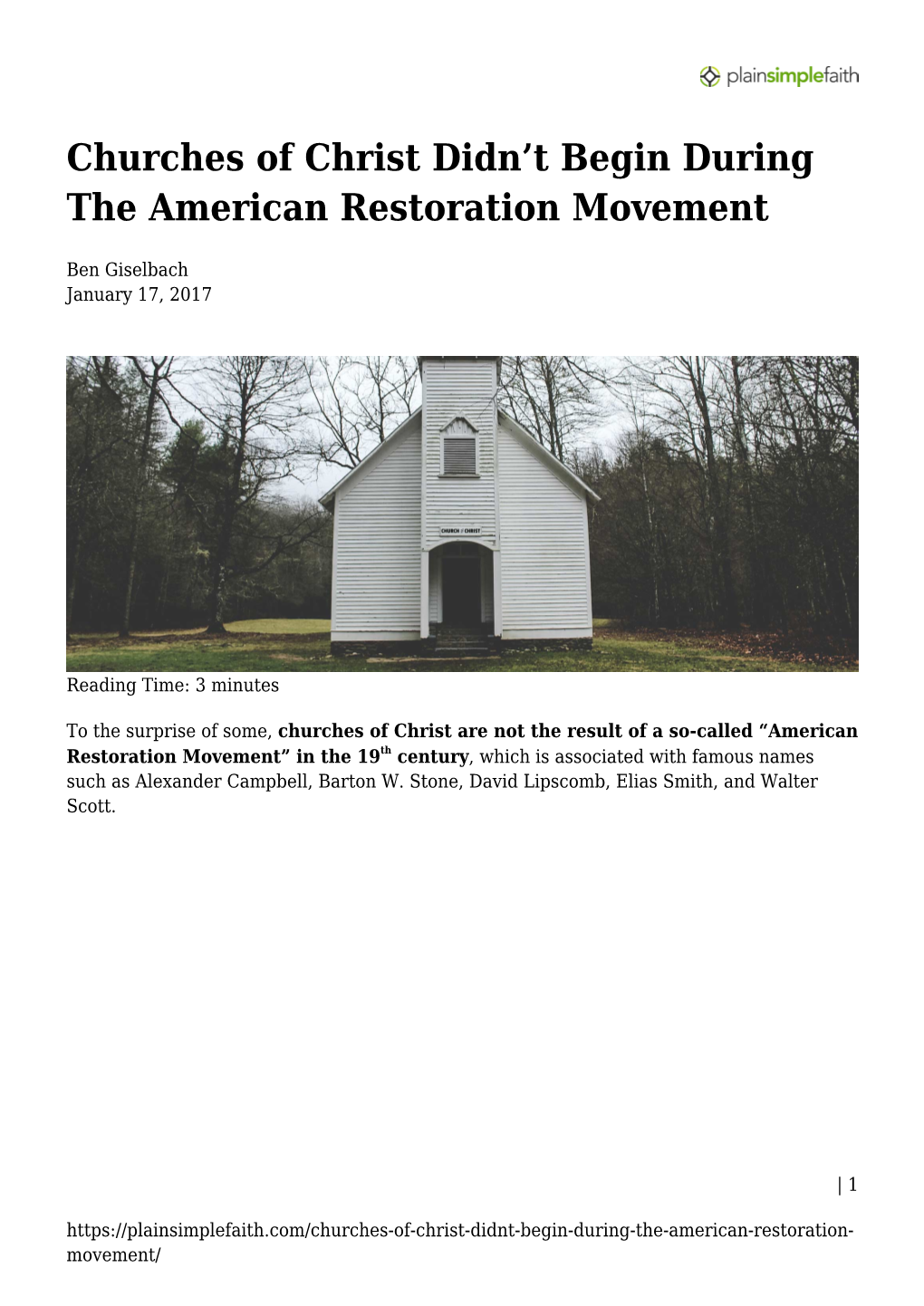 Churches of Christ Didn't Begin During the American Restoration