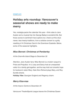 Holiday Arts Roundup: Vancouver's Seasonal Shows Are Ready to Make Merry