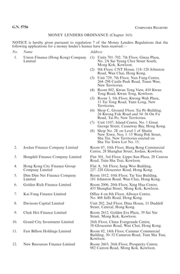 G.N. 5756 Companies Registry MONEY LENDERS ORDINANCE