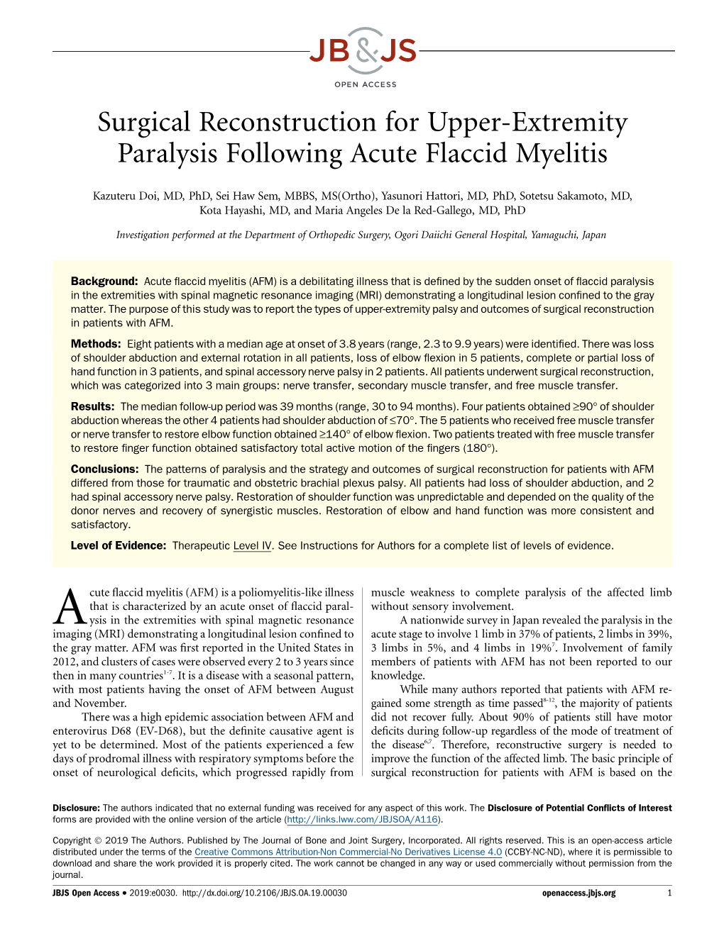 Surgical Reconstruction for Upper-Extremity Paralysis Following Acute Flaccid Myelitis