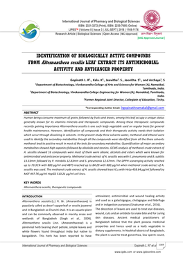 IDENTIFICATION of BIOLOGICALLY ACTIVE COMPOUNDS from Alternanthera Sessilis LEAF EXTRACT ITS ANTIMICROBIAL ACTIVITY and ANTICANCER PROPERTY