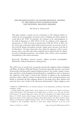 The Prosopography of English Monastic Orders at the Dissolution: Evidence from the National Archives Assessed