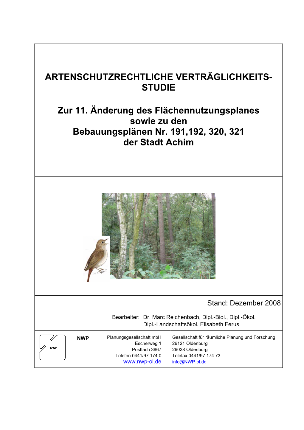 Artenschutzrechtliche Verträglichkeitsstudie Zur Bauleitplanung Der Stadt Achim Im Bereich Steubenkaserne