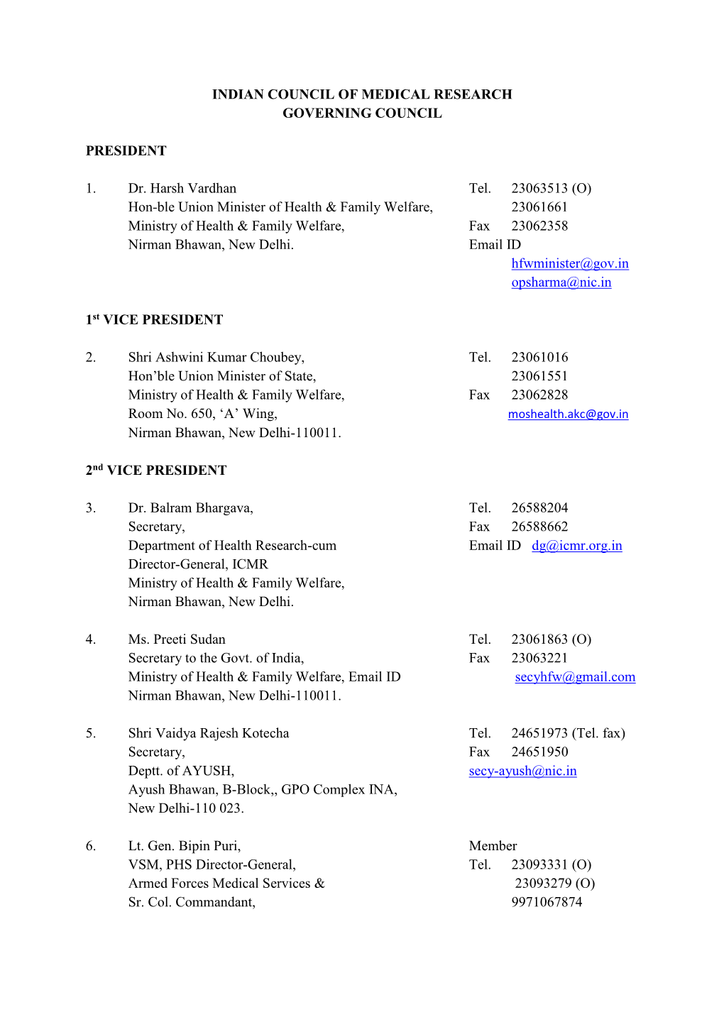 List of Member of Governing Council of ICMR