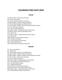 Colorado Free Days 2020
