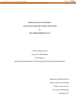ANGLO-JAPANESE RELATIONS, 1930 to 1939 by JON CHRISTOPHER SCULLY a Thesis Submitted to the University