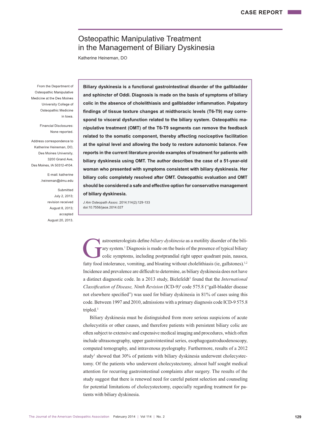 Osteopathic Manipulative Treatment in the Management of Biliary Dyskinesia Katherine Heineman, DO