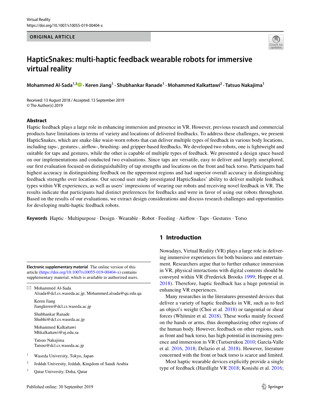 Multi-Haptic Feedback Wearable Robots for Immersive Virtual Reality