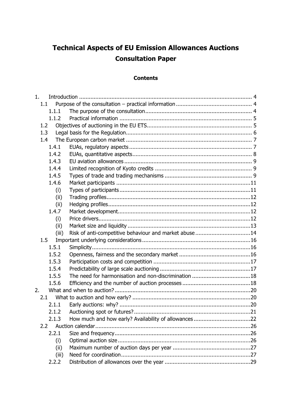 Technical Aspects of EU Emission Allowances Auctions Consultation Paper