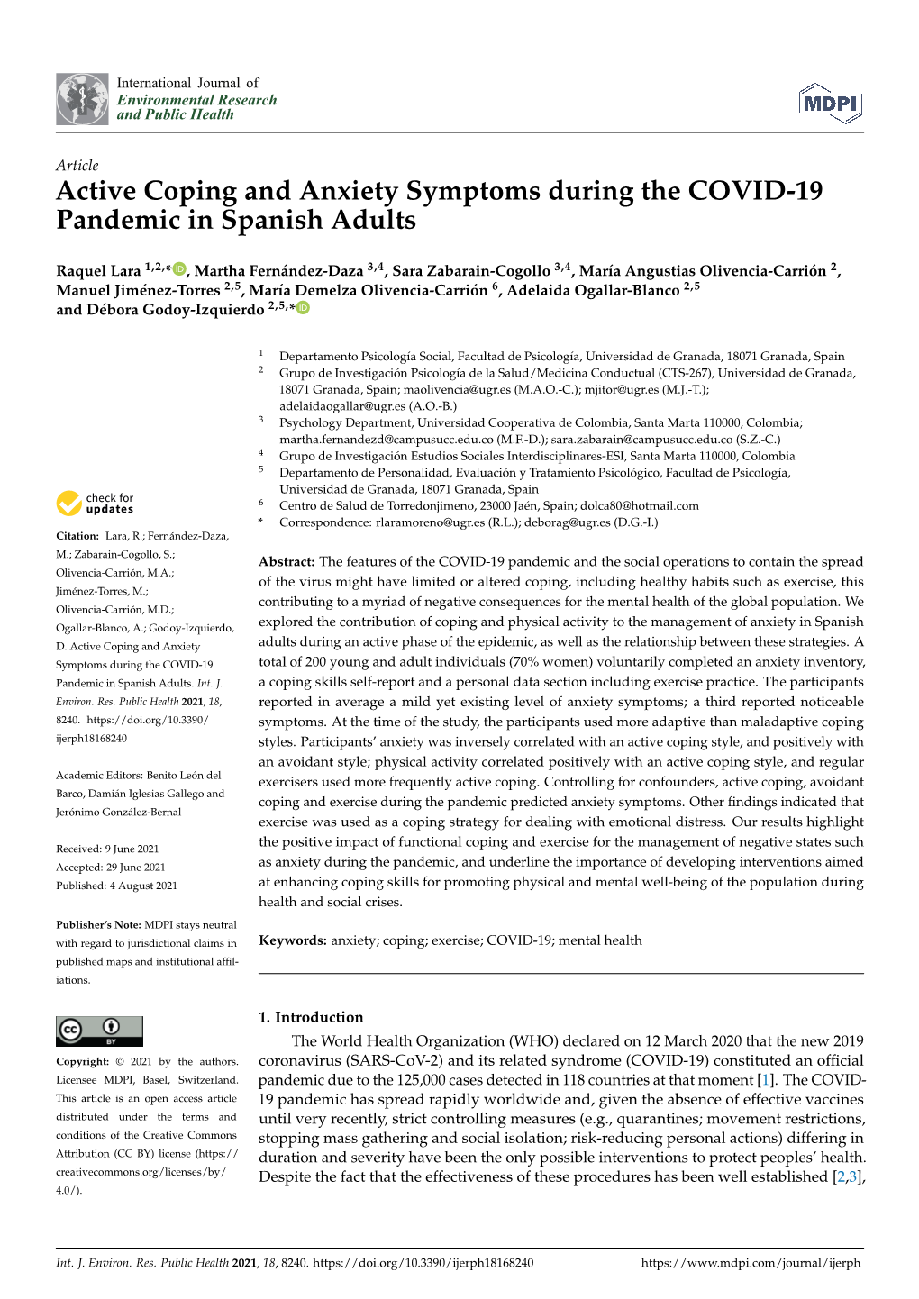 Active Coping and Anxiety Symptoms During the COVID-19 Pandemic in Spanish Adults