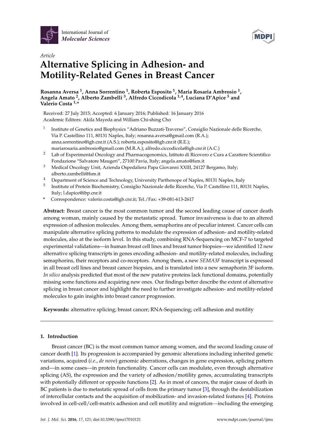 Alternative Splicing in Adhesion-And Motility-Related Genes in Breast Cancer