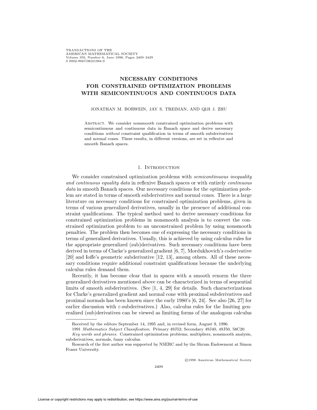NECESSARY CONDITIONS for CONSTRAINED OPTIMIZATION PROBLEMS with SEMICONTINUOUS and CONTINUOUS DATA 1. Introduction We Consider C