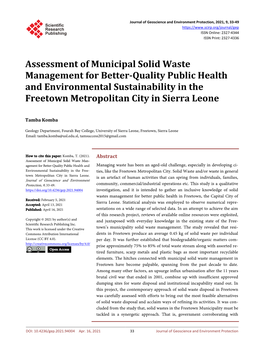 Assessment of Municipal Solid Waste Management for Better-Quality Public Health and Environmental Sustainability in the Freetown Metropolitan City in Sierra Leone
