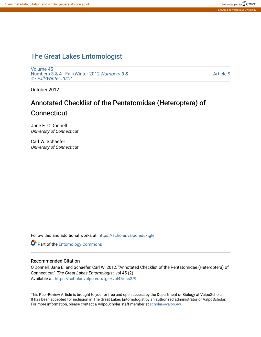 Annotated Checklist of the Pentatomidae (Heteroptera) of Connecticut