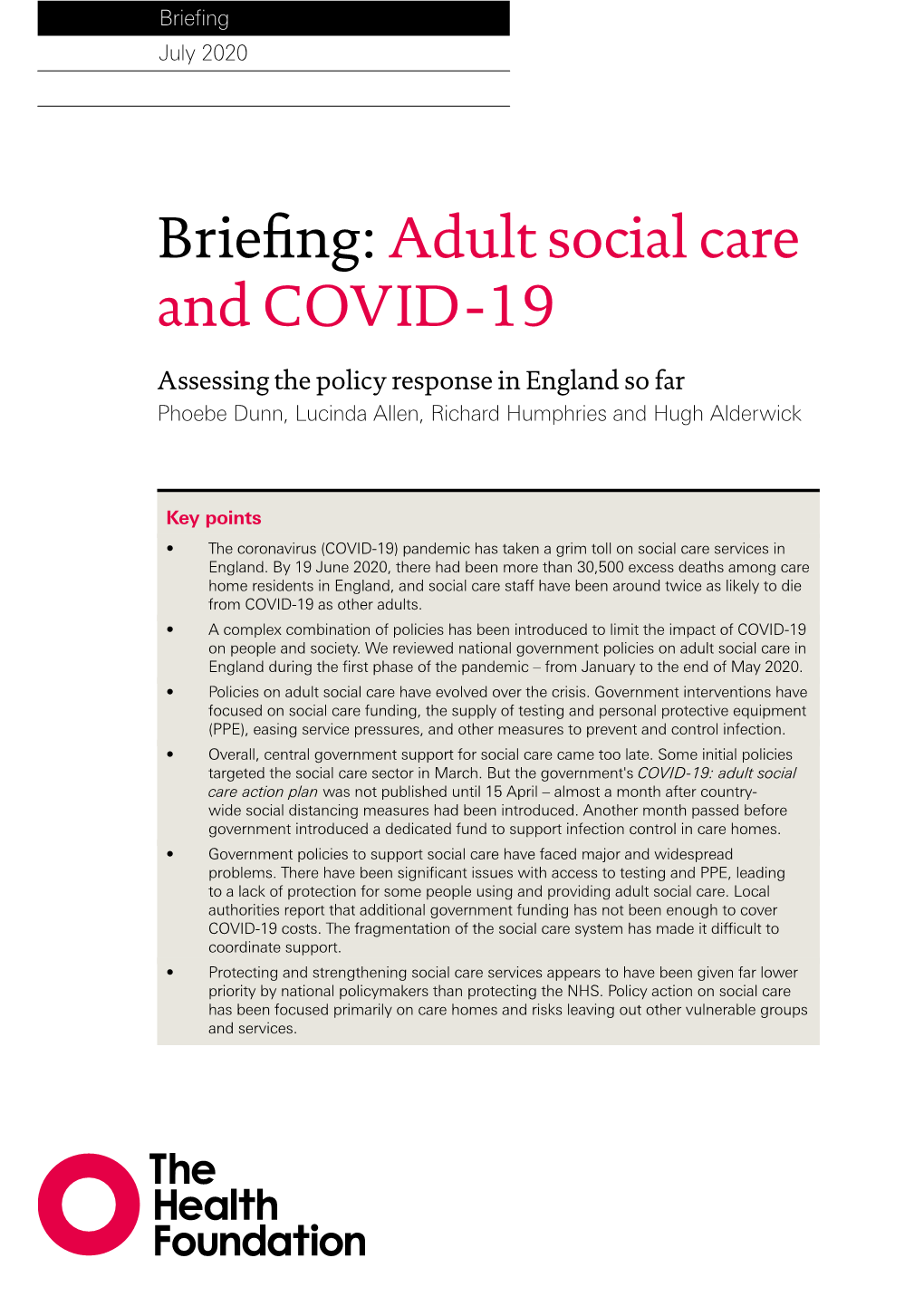 Briefing: Adult Social Care and COVID-19: Assessing the Policy Response in England So