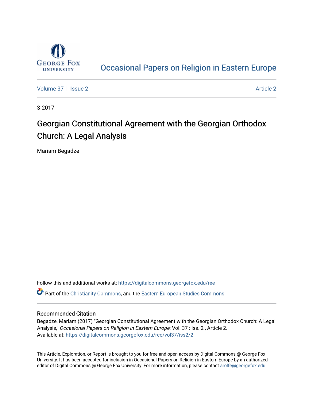 Georgian Constitutional Agreement with the Georgian Orthodox Church: a Legal Analysis