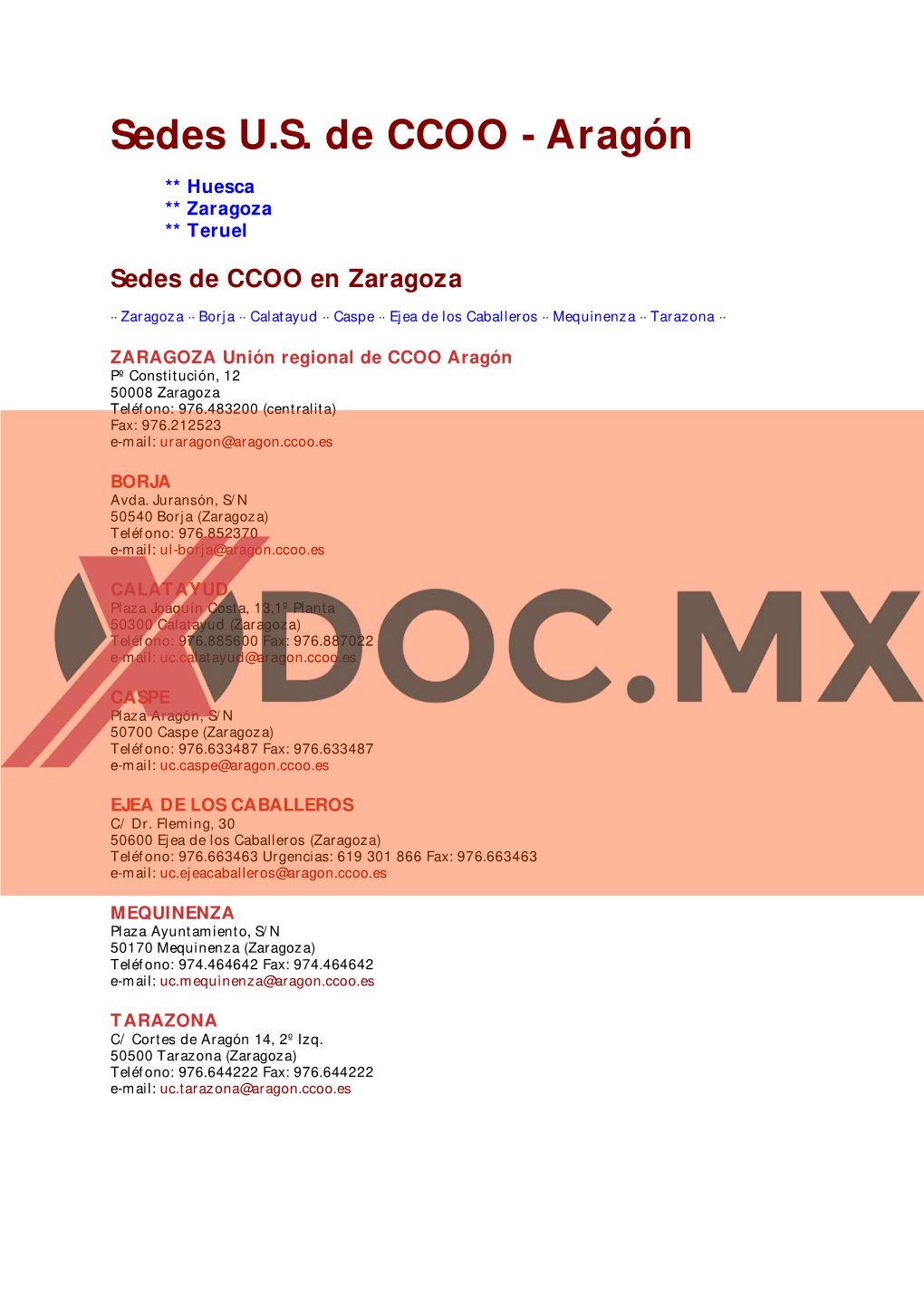 Sedes U.S. De CCOO - Aragón