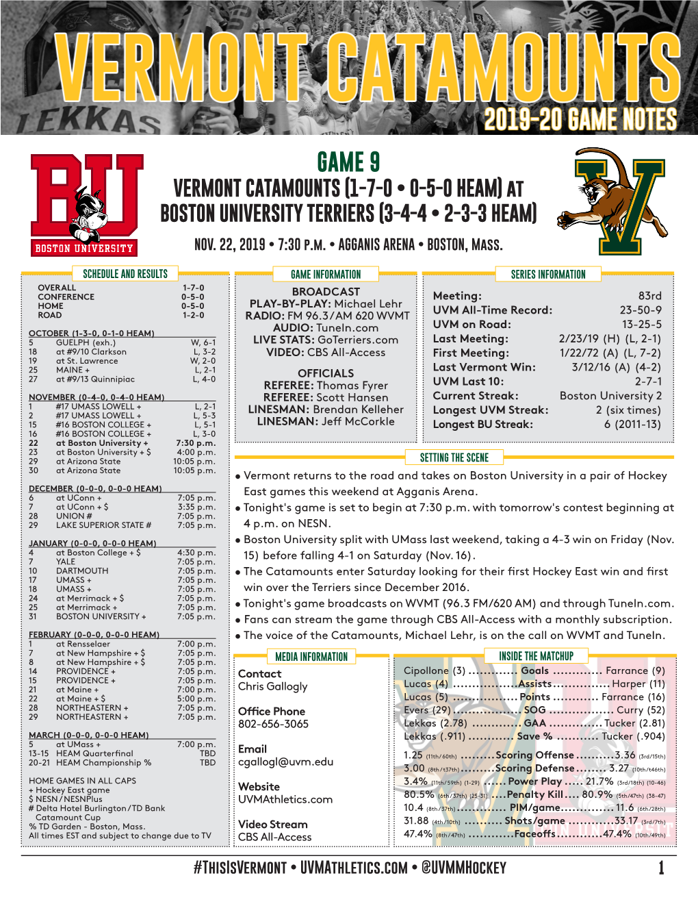 GAME 9 VERMONT CATAMOUNTS (1-7-0 • 0-5-0 HEAM) at BOSTON UNIVERSITY TERRIERS (3-4-4 • 2-3-3 HEAM)