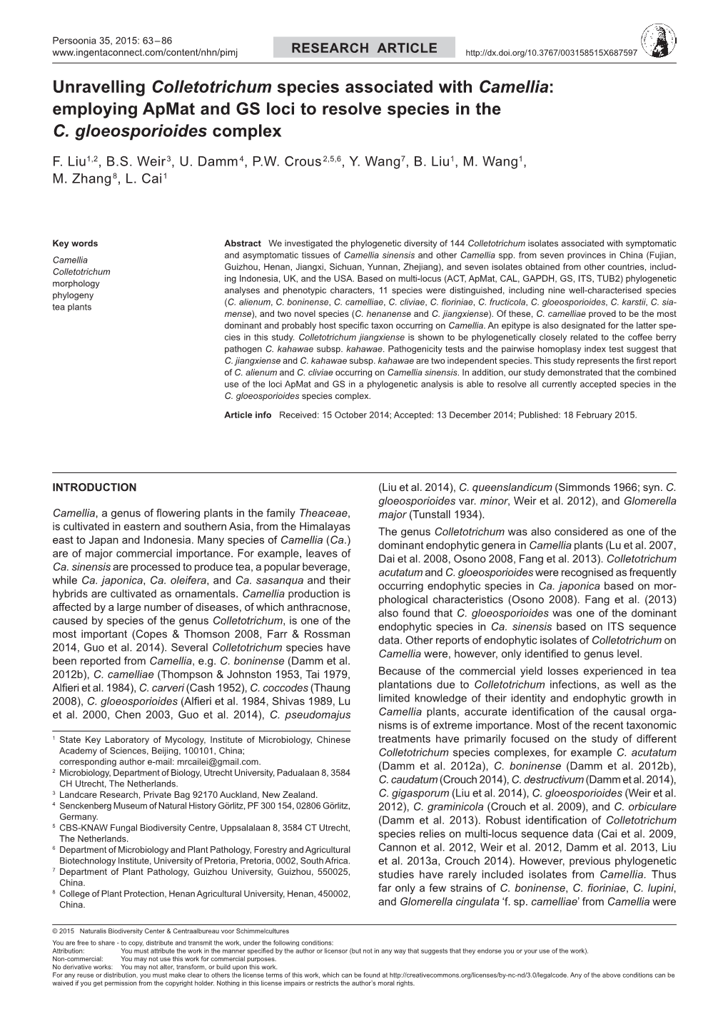 Unravelling Colletotrichum Species Associated With Camellia: Employing ...