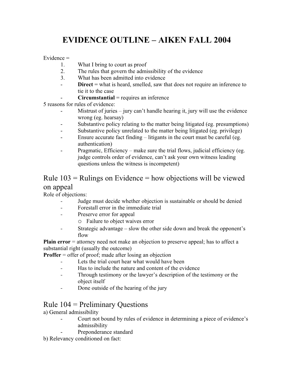 Evidence Outline – Aiken Fall 2004