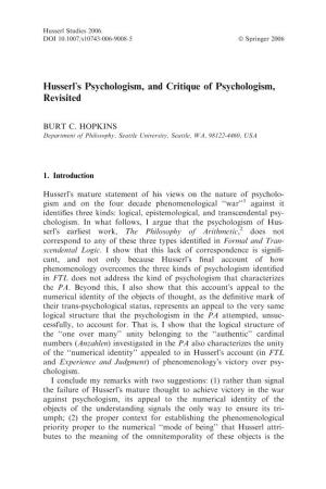 Husserl's Psychologism, and Critique of Psychologism, Revisited