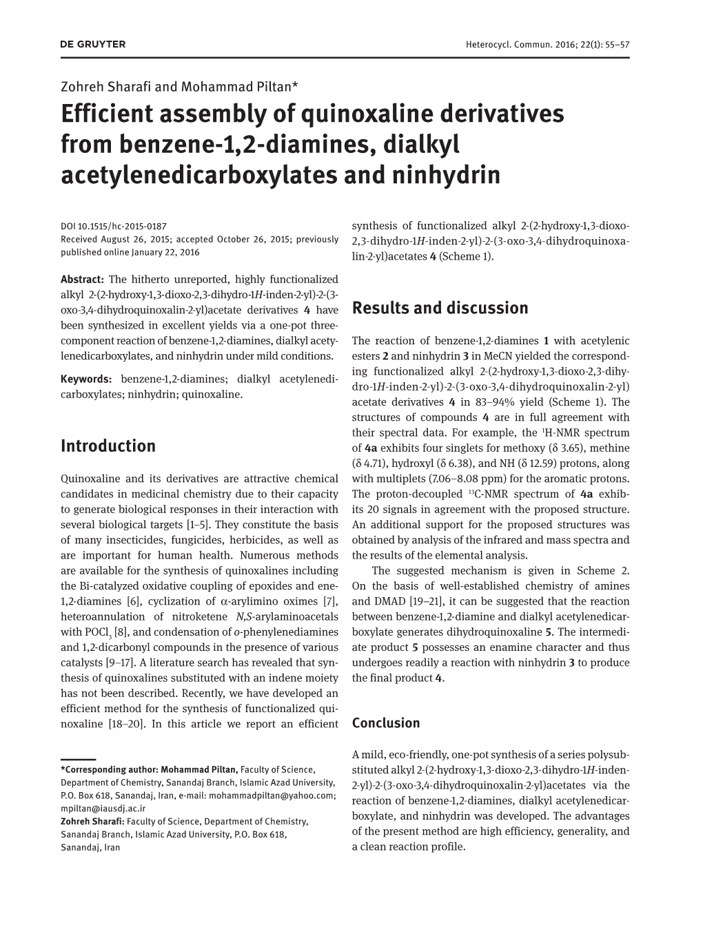 Efficient Assembly of Quinoxaline Derivatives from Benzene-1,2-Diamines, Dialkyl Acetylenedicarboxylates and Ninhydrin