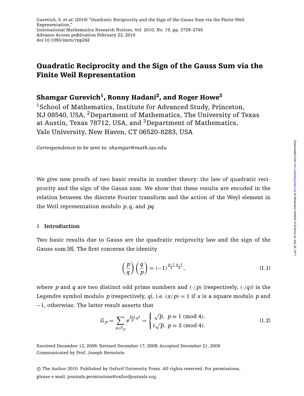 Quadratic Reciprocity and the Sign of the Gauss Sum Via the Finite Weil Representation,” International Mathematics Research Notices, Vol