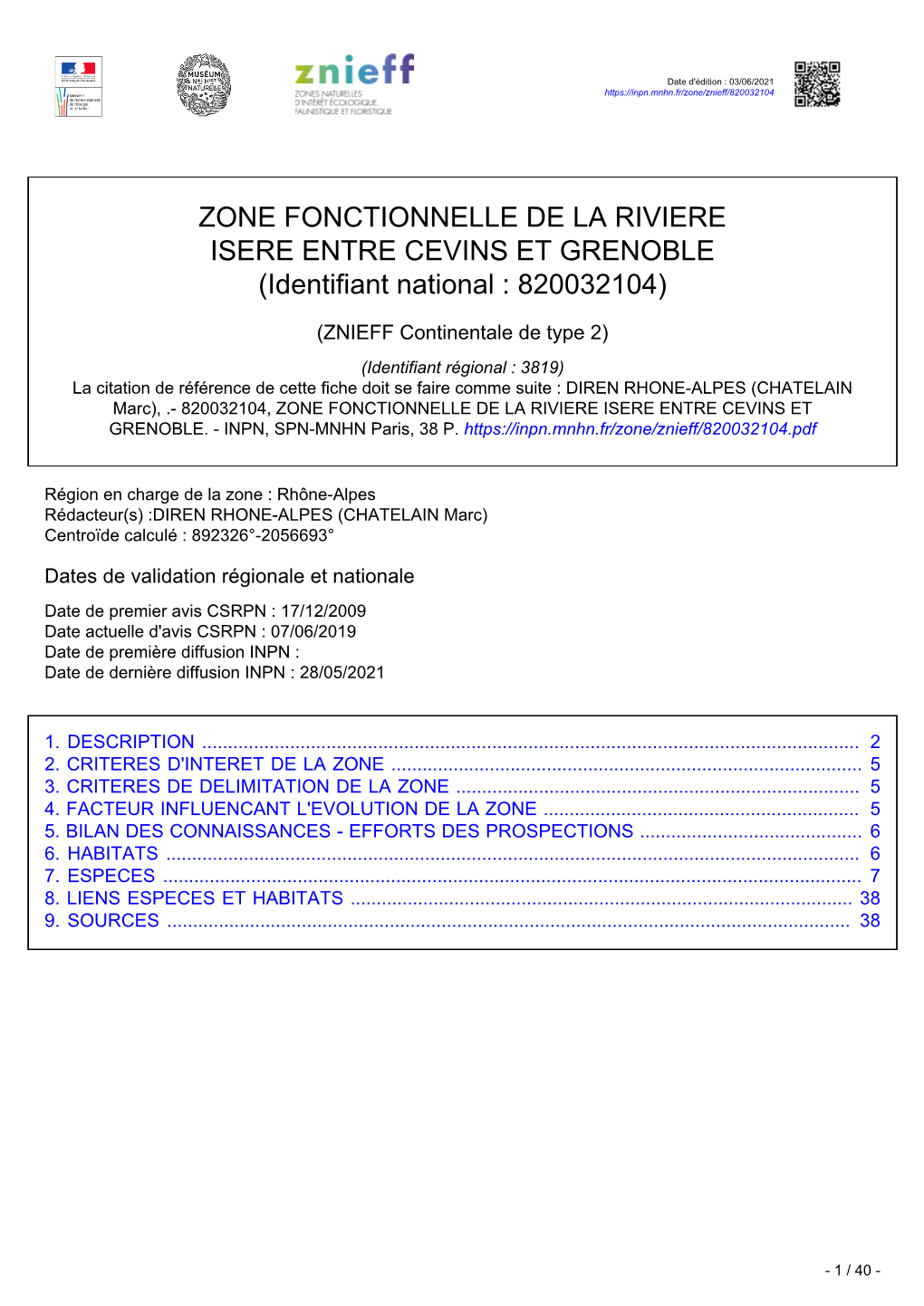 ZONE FONCTIONNELLE DE LA RIVIERE ISERE ENTRE CEVINS ET GRENOBLE (Identifiant National : 820032104)