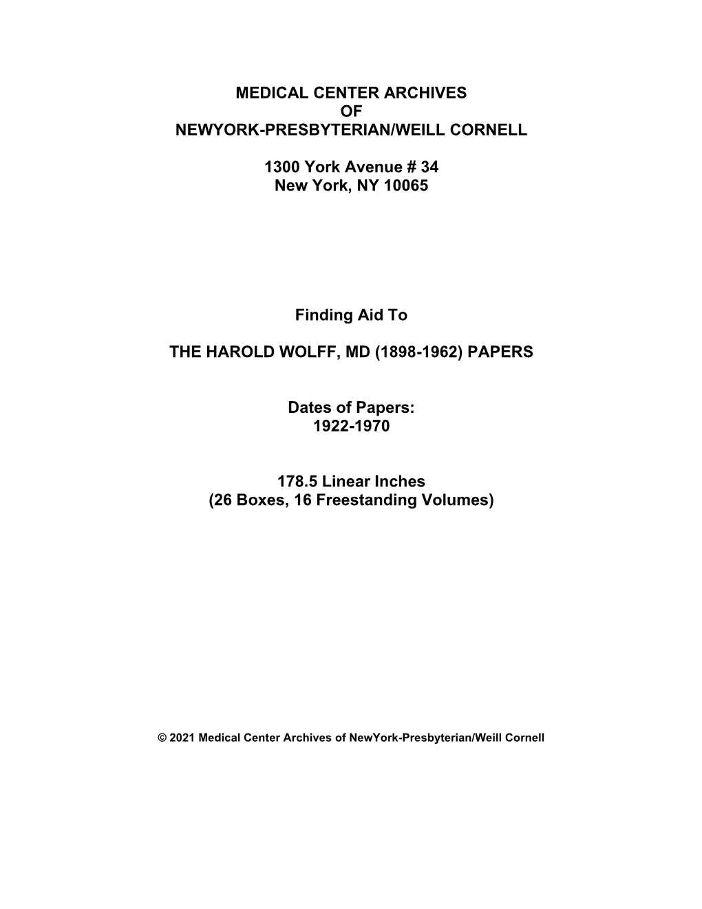 Medical Center Archives of Newyork-Presbyterian/Weill Cornell