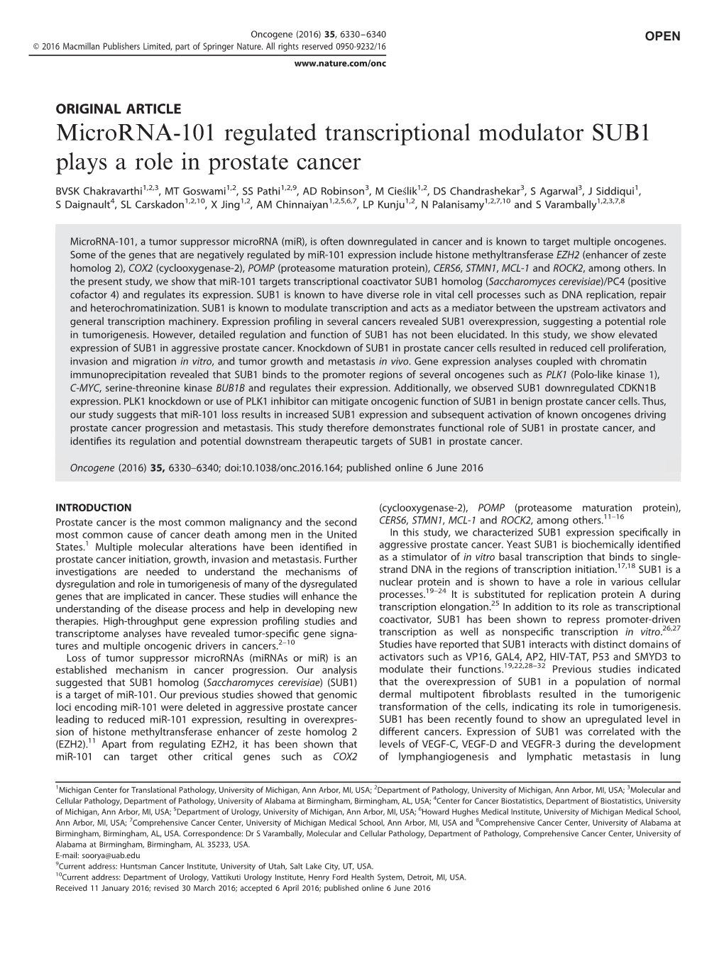Microrna-101 Regulated Transcriptional Modulator SUB1 Plays a Role in Prostate Cancer