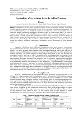 An Analysis of Agriculture Sector in Indian Economy