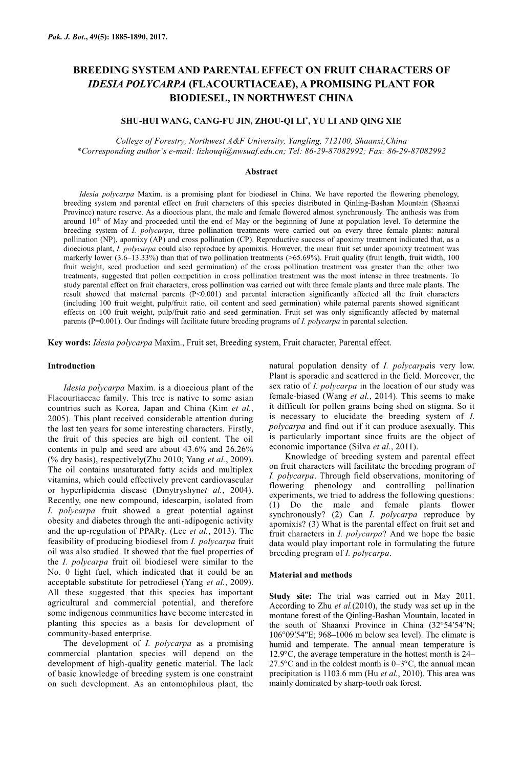 Breeding System and Parental Effect on Fruit Characters of Idesia Polycarpa (Flacourtiaceae), a Promising Plant for Biodiesel, in Northwest China