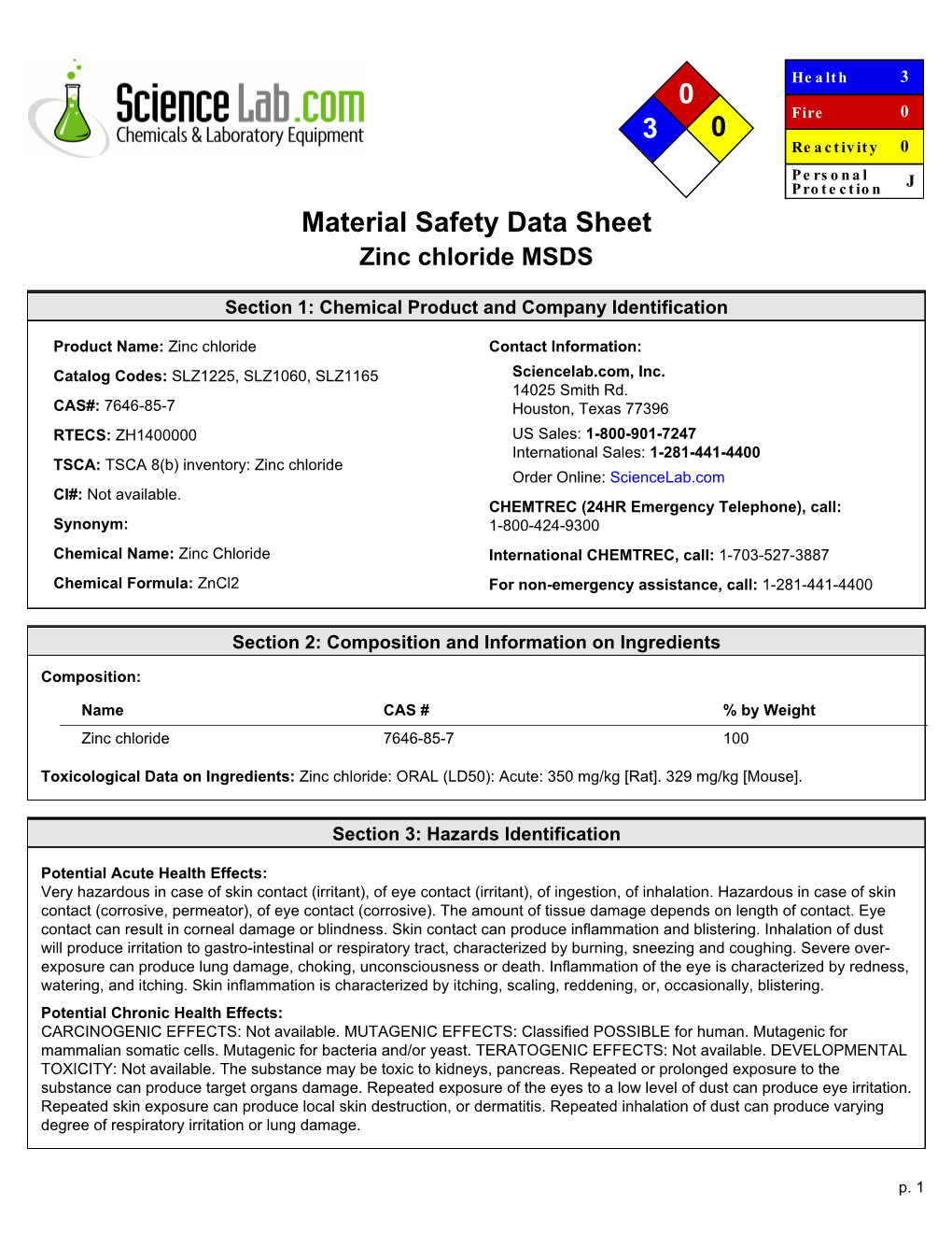 Material Safety Data Sheet Zinc Chloride MSDS