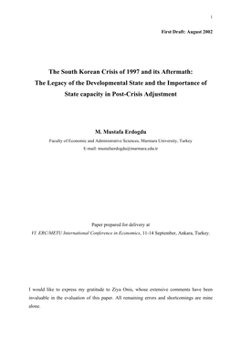 The South Korean Crisis of 1997 and Its Aftermath: the Legacy of the Developmental State and the Importance of State Capacity in Post-Crisis Adjustment