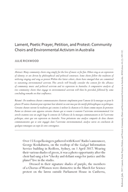 Lament, Poetic Prayer, Petition, and Protest: Community Choirs and Environmental Activism in Australia