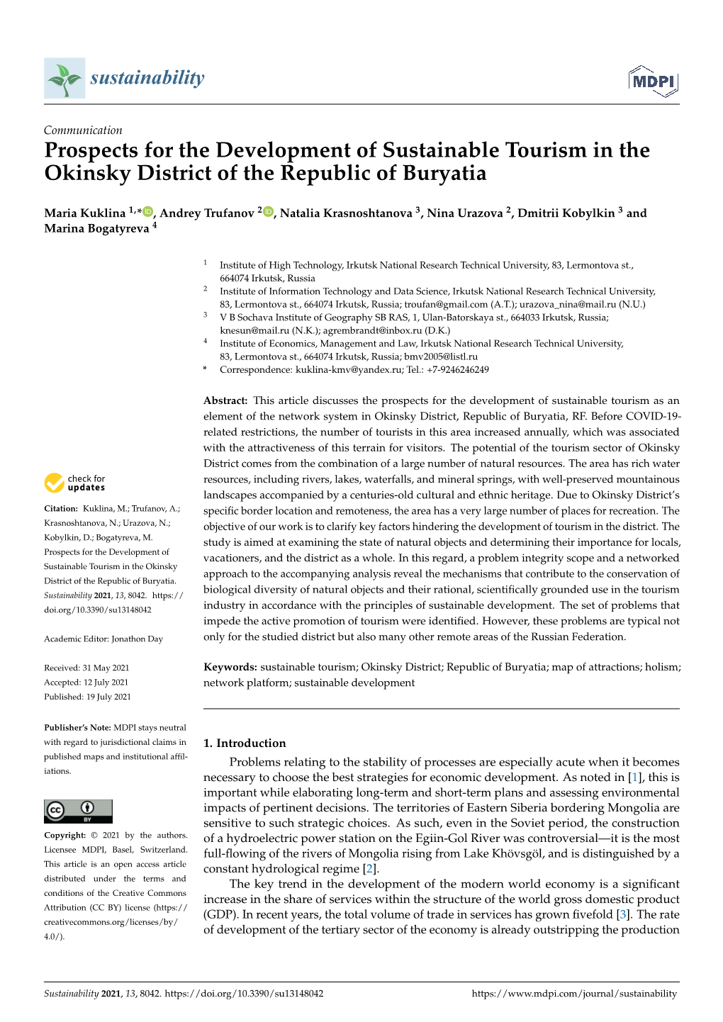 Prospects for the Development of Sustainable Tourism in the Okinsky District of the Republic of Buryatia