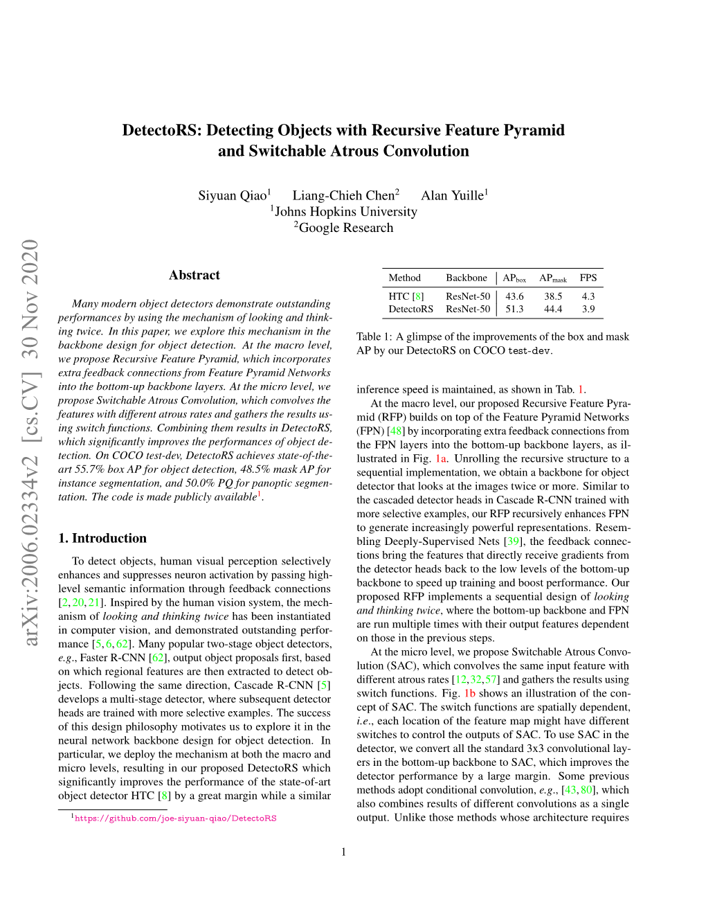 Detectors: Detecting Objects with Recursive Feature Pyramid and Switchable Atrous Convolution