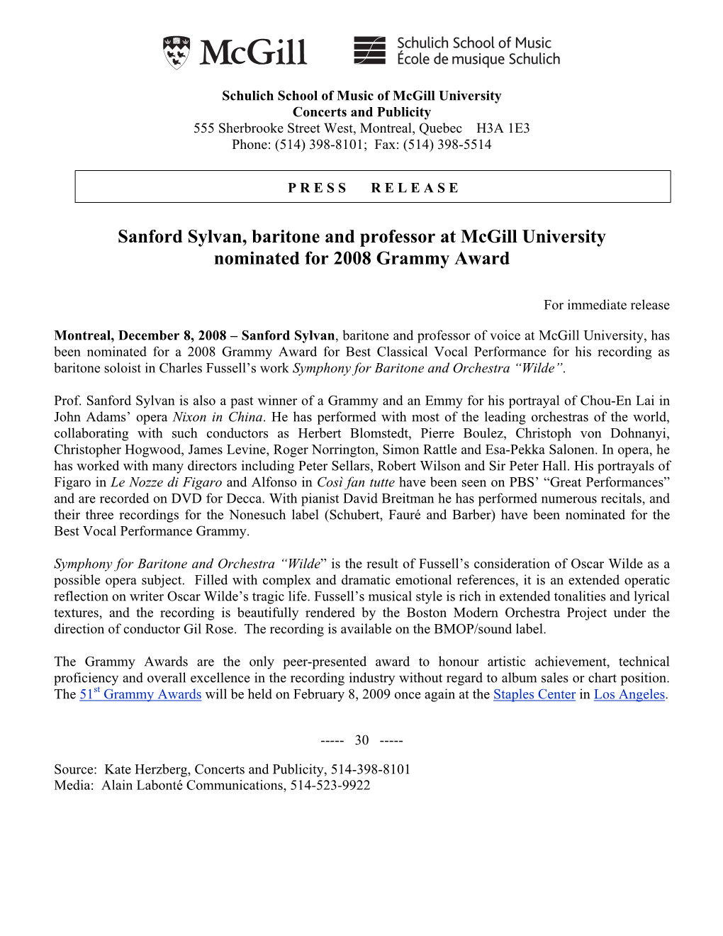 Sanford Sylvan, Baritone and Professor at Mcgill University Nominated for 2008 Grammy Award