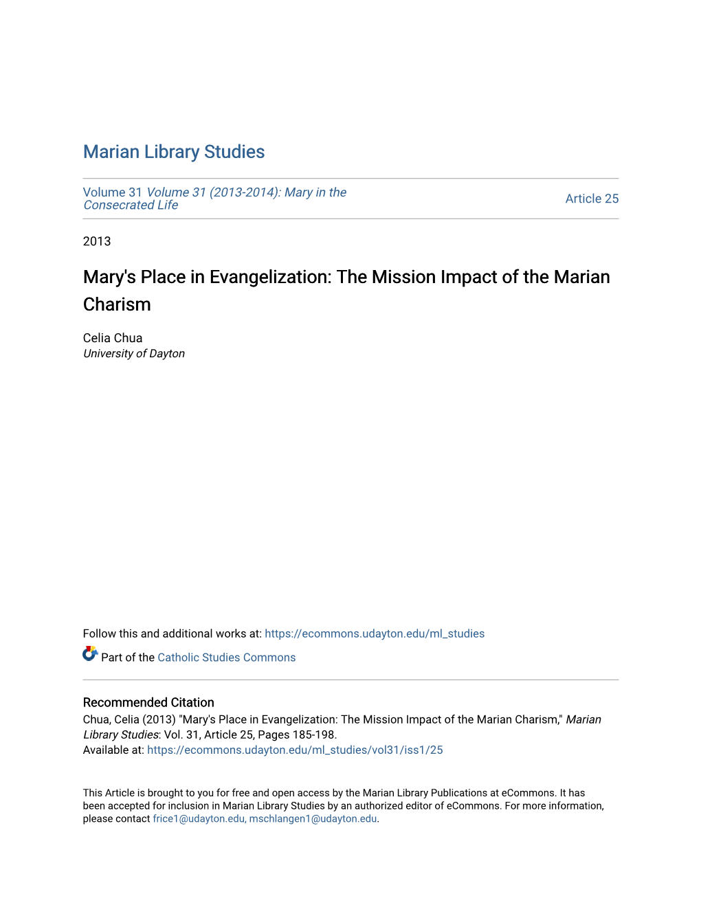 Mary's Place in Evangelization: the Mission Impact of the Marian Charism