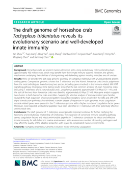 The Draft Genome of Horseshoe Crab Tachypleus Tridentatus Reveals Its