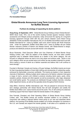 Global Brands Announces Long Term Licensing Agreement for Buffalo Brands