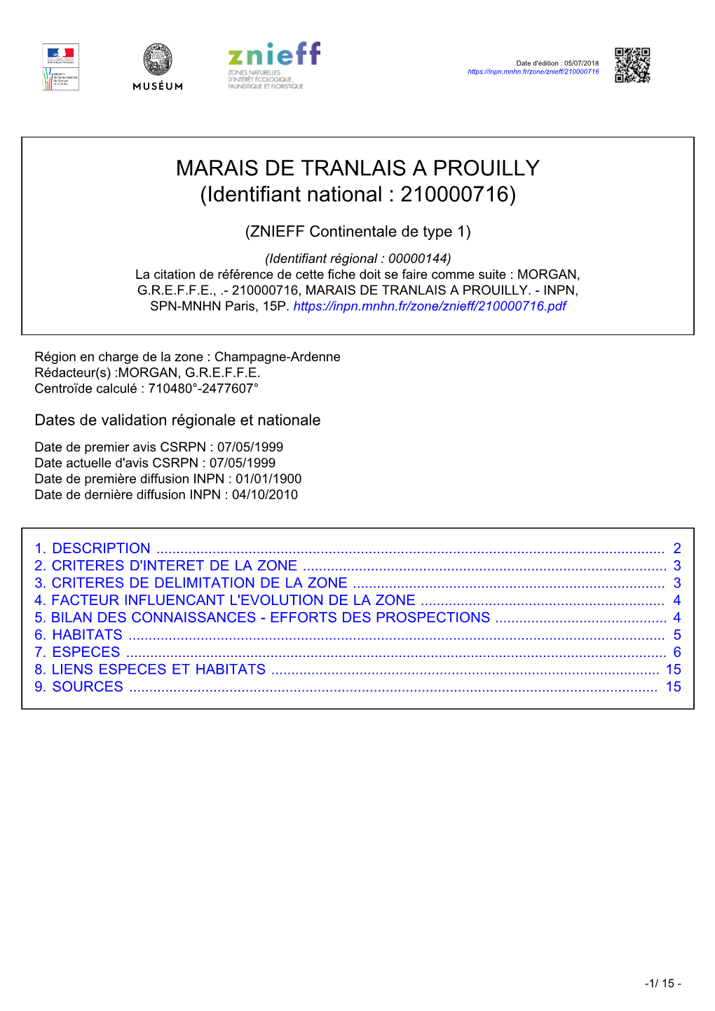 MARAIS DE TRANLAIS a PROUILLY (Identifiant National : 210000716)