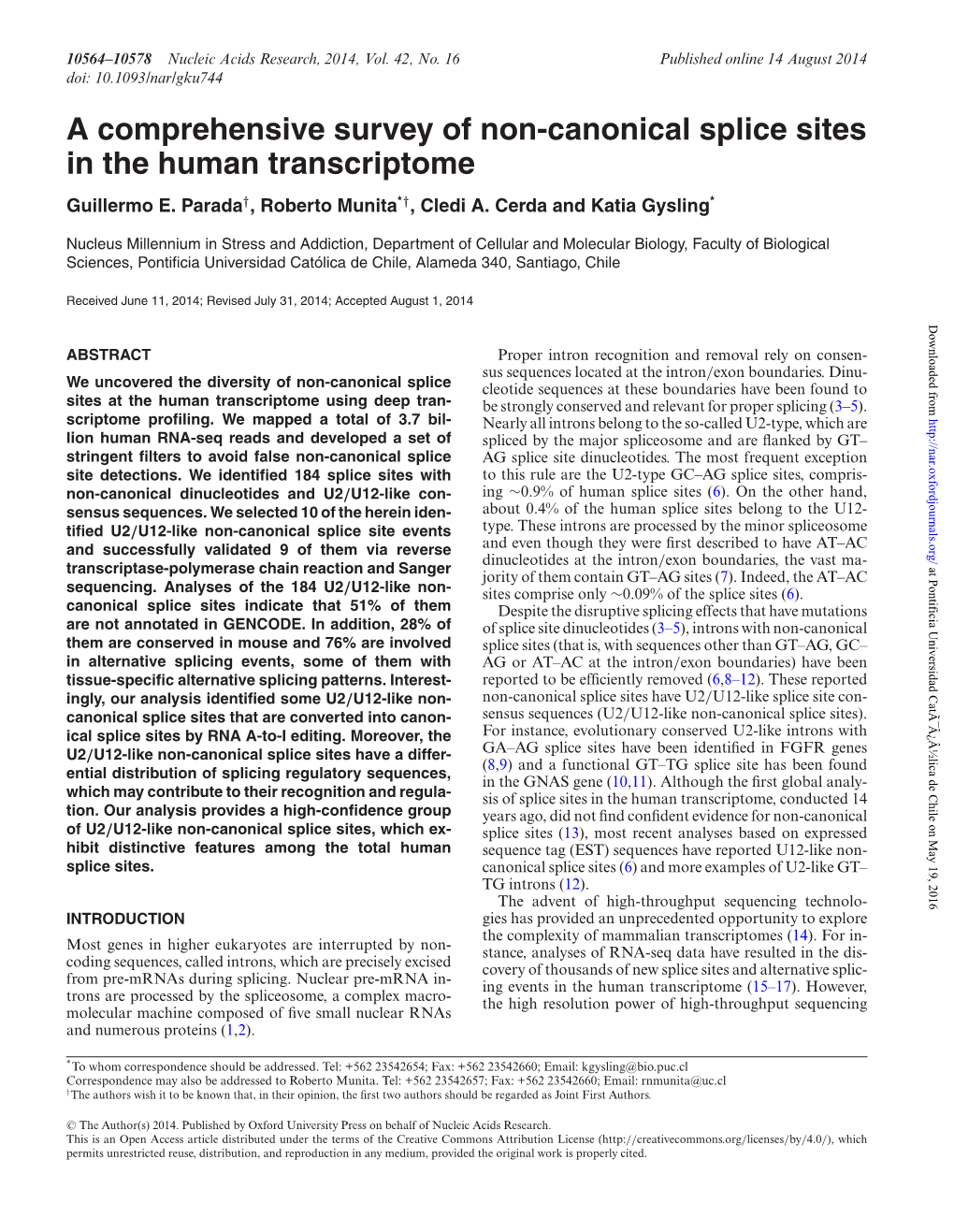 A Comprehensive Survey of Non-Canonical Splice Sites in the Human Transcriptome Guillermo E