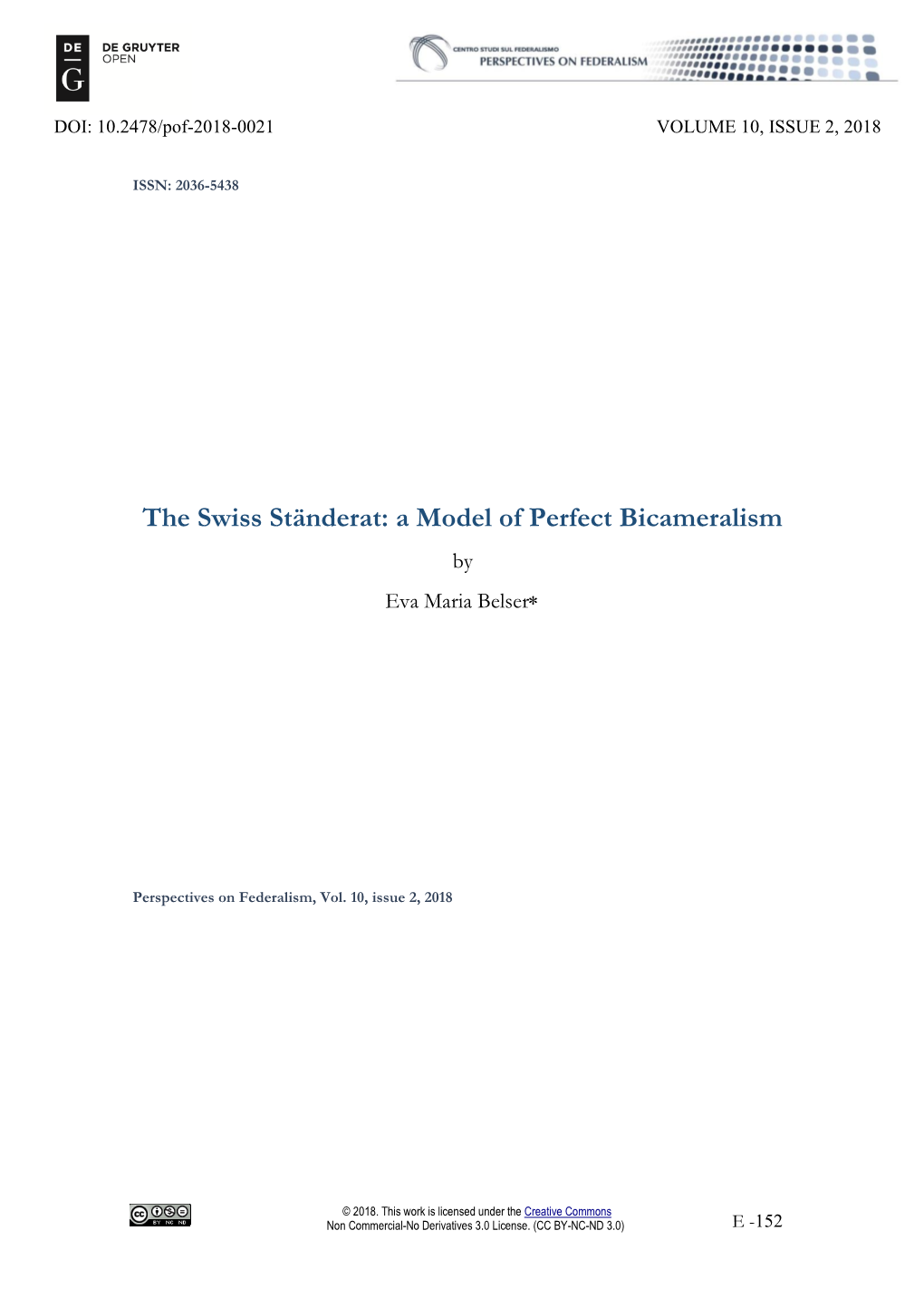 The Swiss Ständerat: a Model of Perfect Bicameralism by Eva Maria Belser