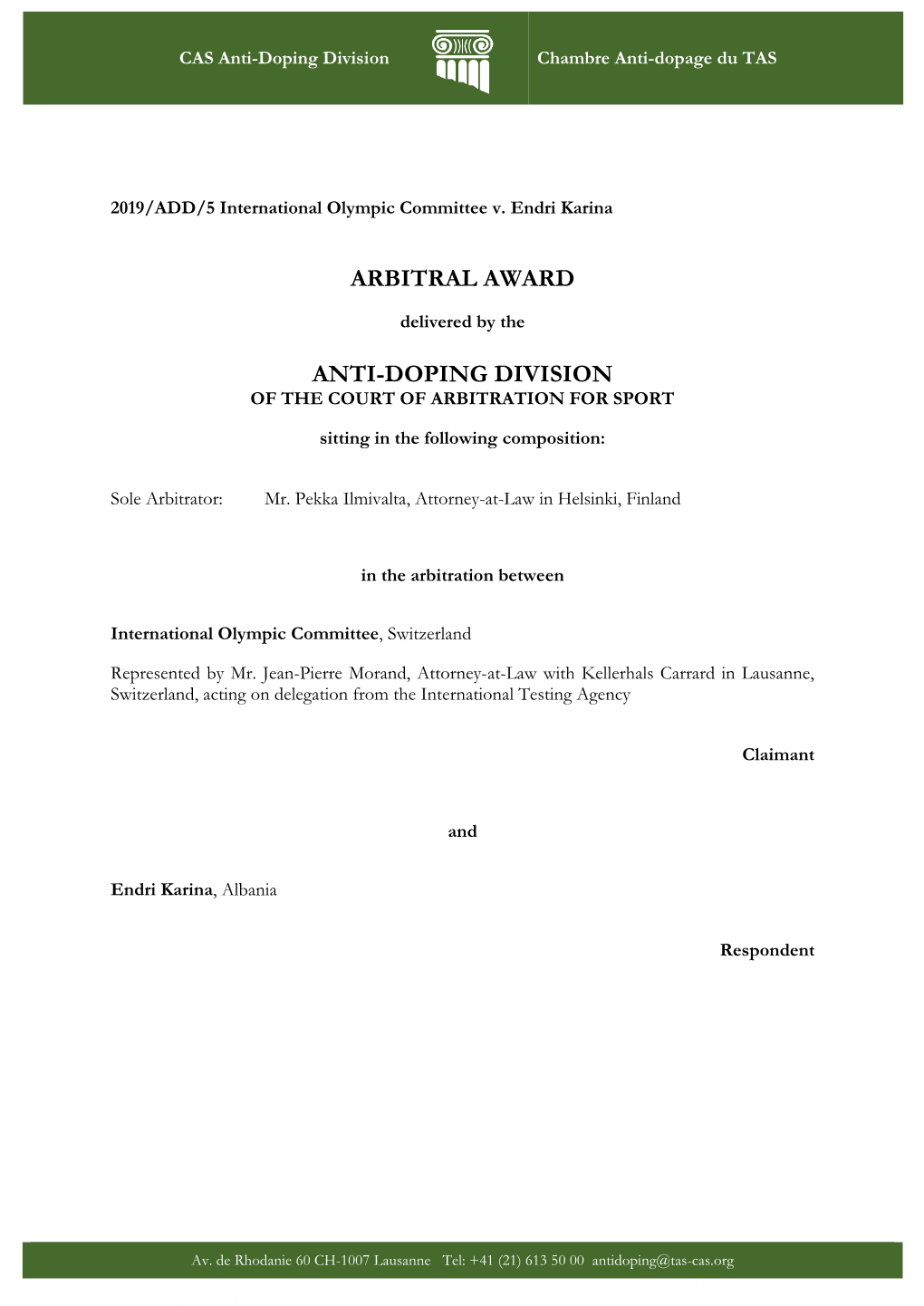 Arbitral Award Anti-Doping Division