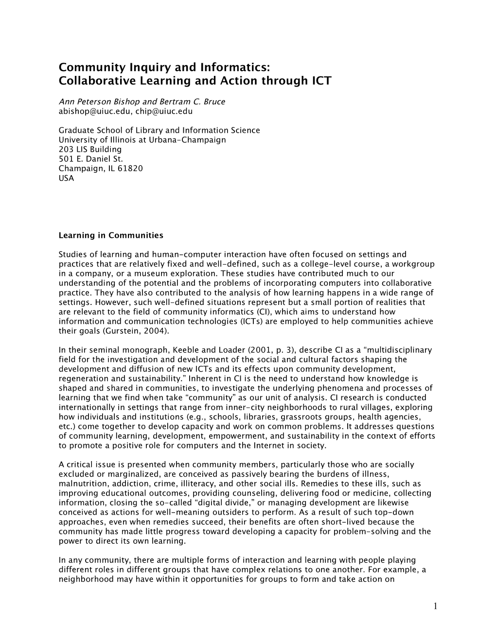 Community Inquiry and Informatics: Collaborative Learning and Action Through ICT