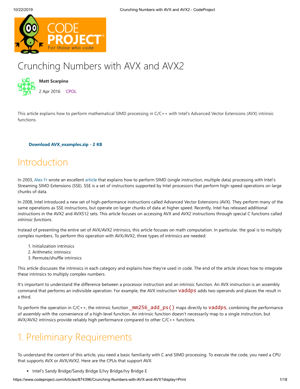 Crunching Numbers with AVX and AVX2 Introduction 1. Preliminary Requirements