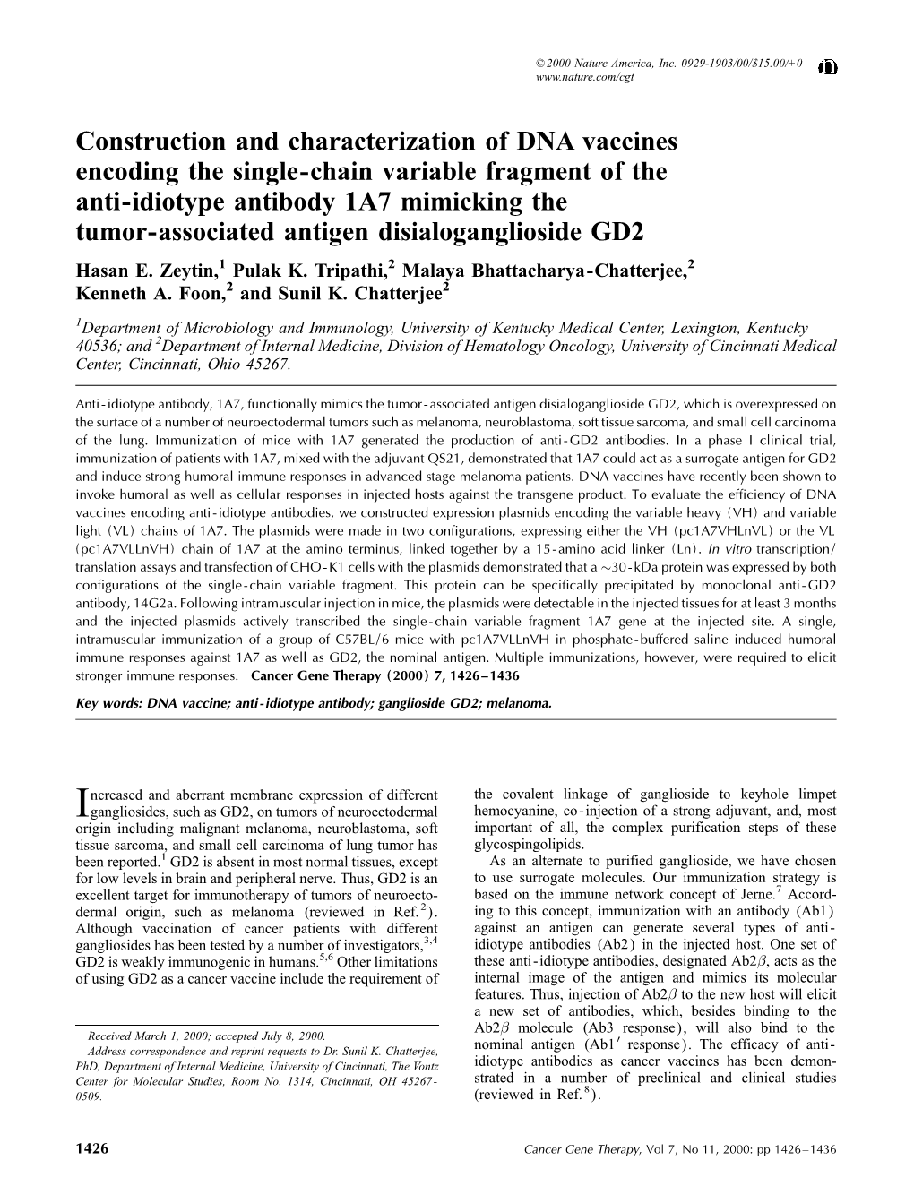 Construction and Characterization of DNA Vaccines Encoding the Single