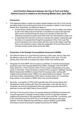 Joint Position Statement Between the City of York and Selby District Council in Relation to the Housing Market Area, April 2020