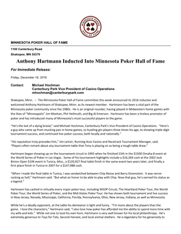 Anthony Hartmann Inducted Into Minnesota Poker Hall of Fame